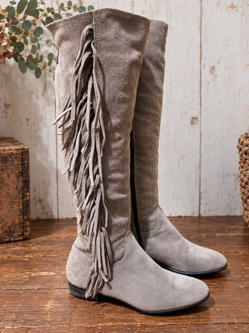 Italian Suede Fringe Knee High Boots Taupe Grey Boho Western Size 39